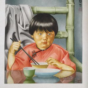 Asian Child with Rice Bowl & Chopsticks Original Litho